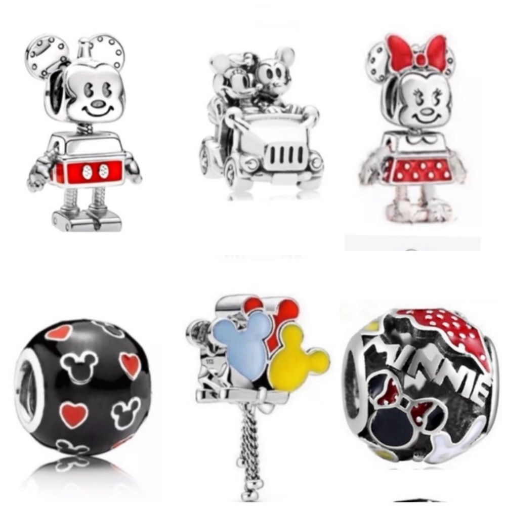 6 Pieces Disney Mickey Minnie Mouse Robot Bot, Suitcase Bead Charm Bundle Sets